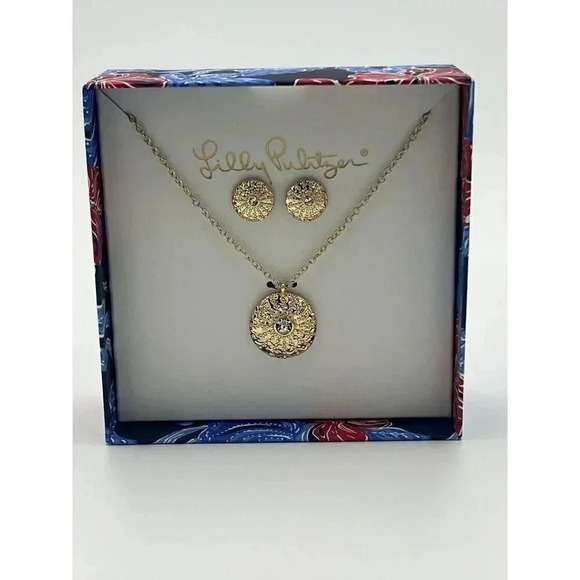 NIB Lilly Pulitzer Gold Earring & Necklace Boxed Gift Set - Picture 1 of 2